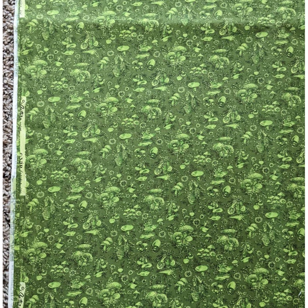 Vintage 1970's Mushroom Fabric Avocado Green Cottagecore Funky Calico Print 3yd - Picture 9 of 10